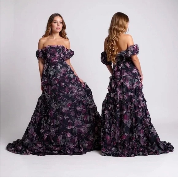 JOVANI 40331Off the Shoulder Floral Navy GownRufflesWomen’s 6